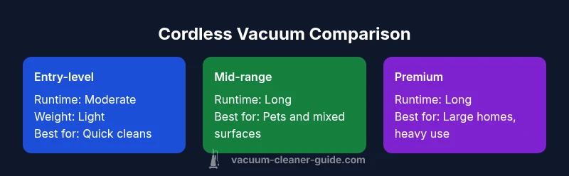 A comparison of entry-level, mid-range, and premium cordless vacuums with runtime, weight, and suitability notes.